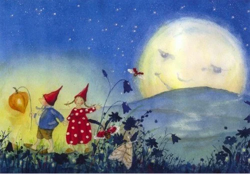 Daniela Drescher Pippa and Pelle in the Moon Light - Postcard-Autumn - Winter Postcards-Waldorf Postcards--Stardust-Store