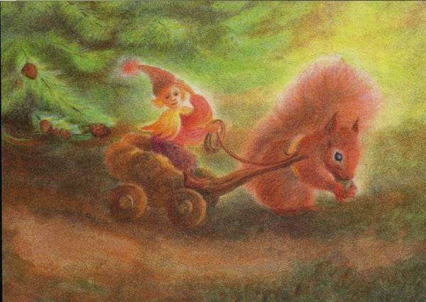 Gabriela de Carvalho Gnome with Squirrel - Postcard-Autumn - Winter Postcards-Waldorf Postcards--Stardust-Store