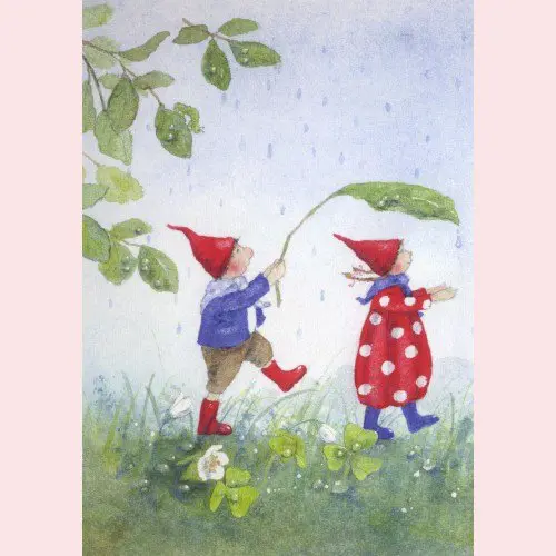 Daniela Drescher Pippa and Pelle in the Rain - Postcard-Autumn - Winter Postcards-Waldorf Postcards--Stardust-Store